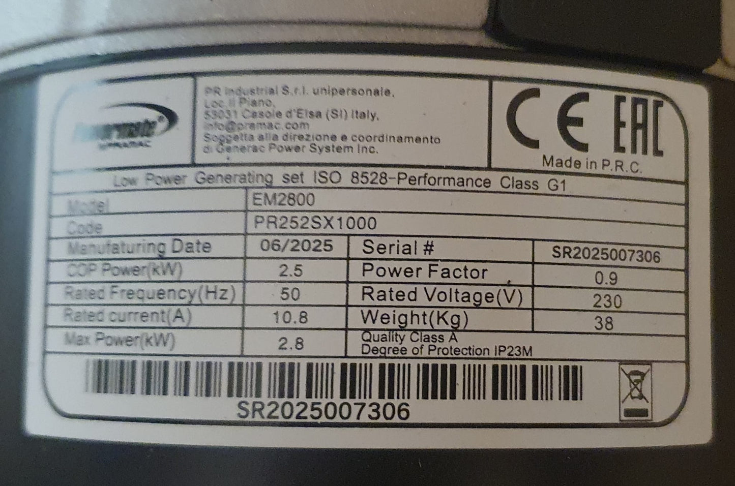 Gerador monofásico com motor a gasolina EM2800 de 2500 W-POWERMATE