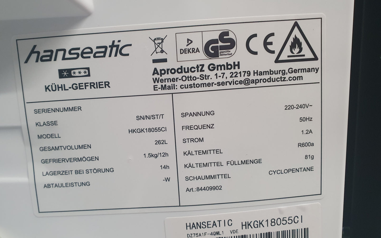 Frigorífico Combinado HKGK18055CI|Inox| - HANSEATIC
