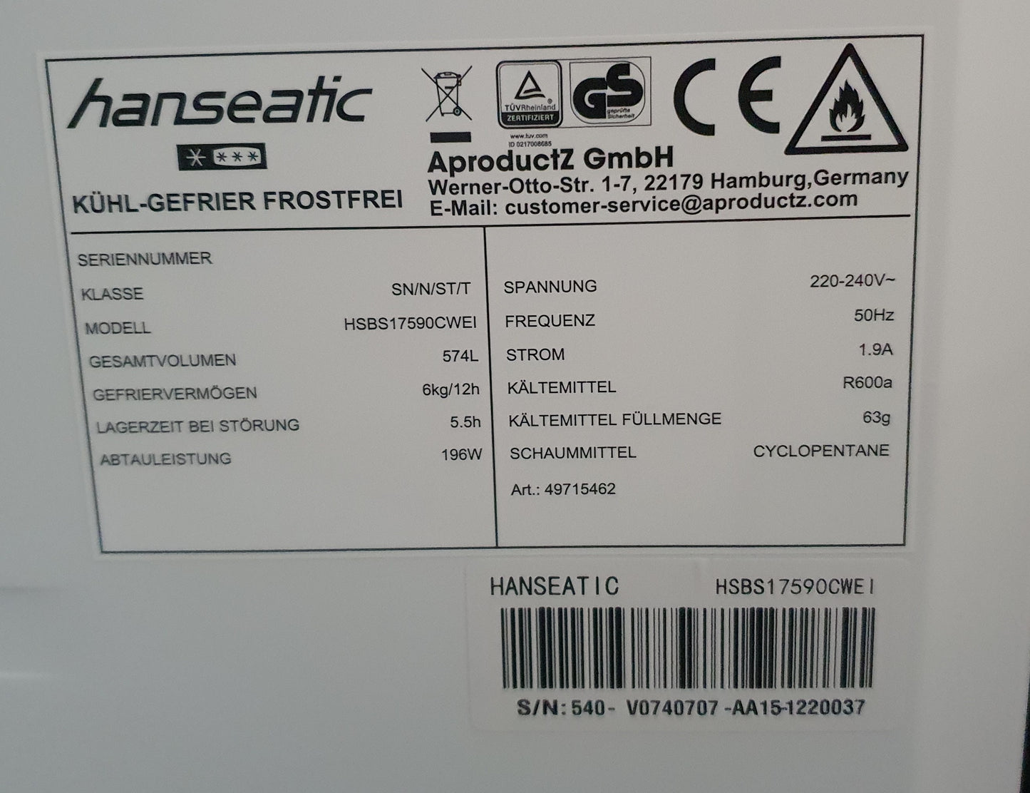 Frigorífico Americano HSBS17590CWEI|Inox|c/agua e gelo  - HANSEATIC