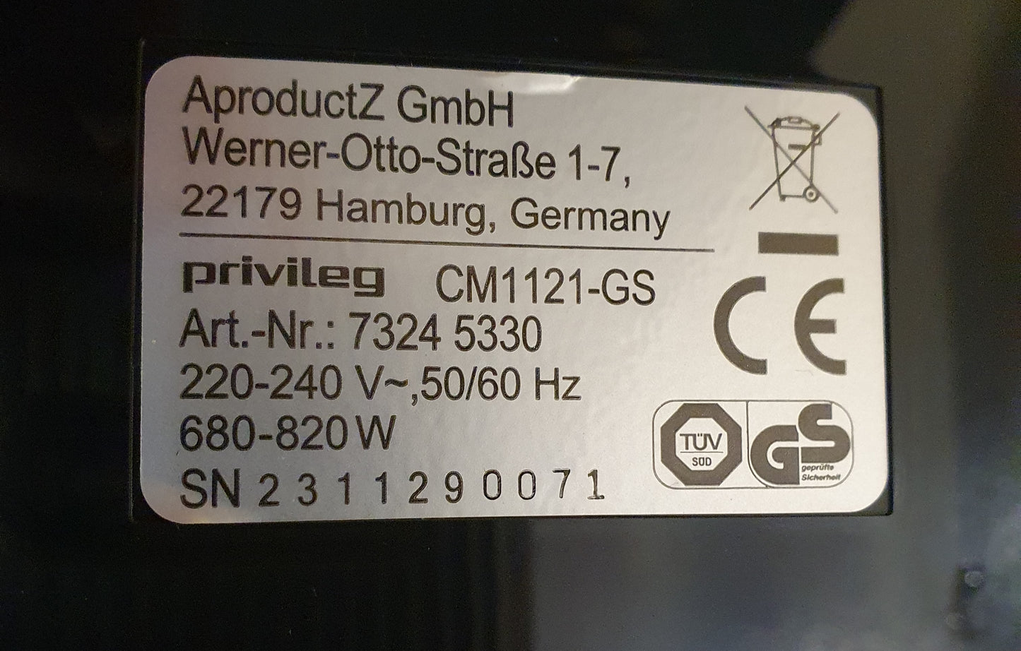 Máquina de Café Aut. |CM1121-GS|820W - Privileg