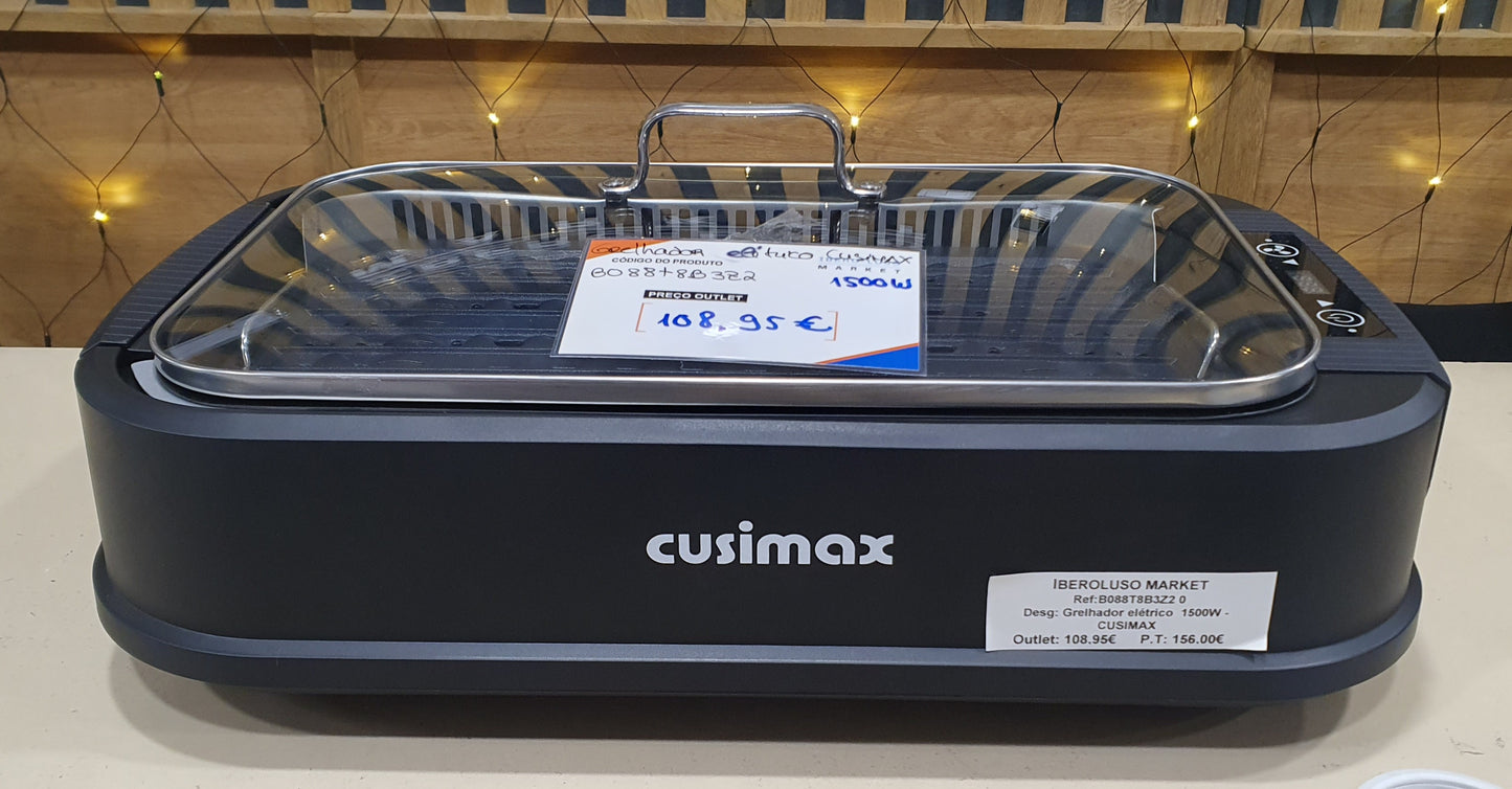 Grelhador elétrico sistema s/fumo c/tampa vidro1500W - CUSIMAX