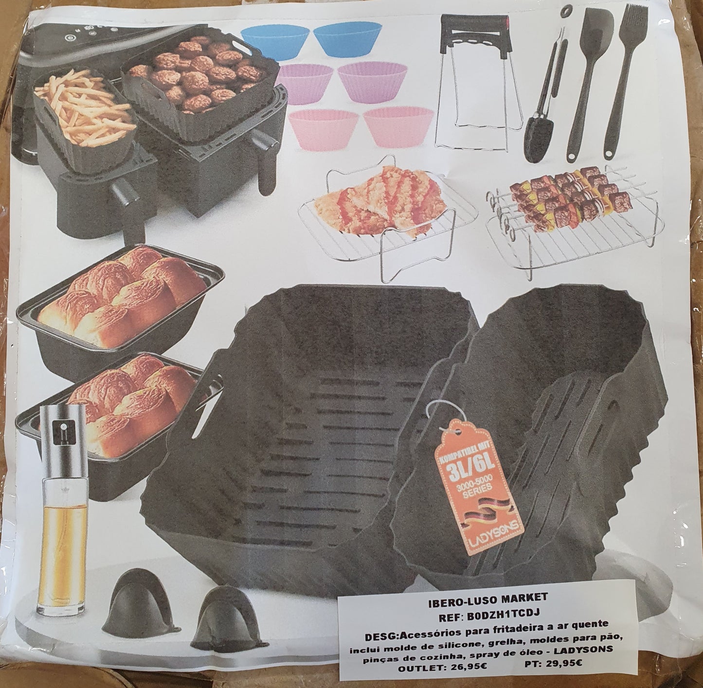 Acessórios para fritadeira a ar quente inclui molde de silicone, grelha, moldes para pão, pinças de cozinha, spray de óleo - LADYSONS