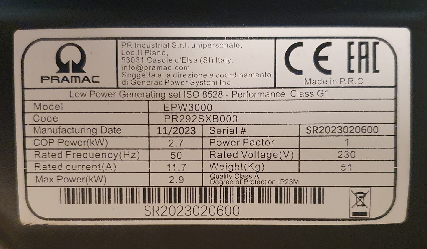 Gerador  monofásico com motor a  gasolina EPW3000-PRAMAC